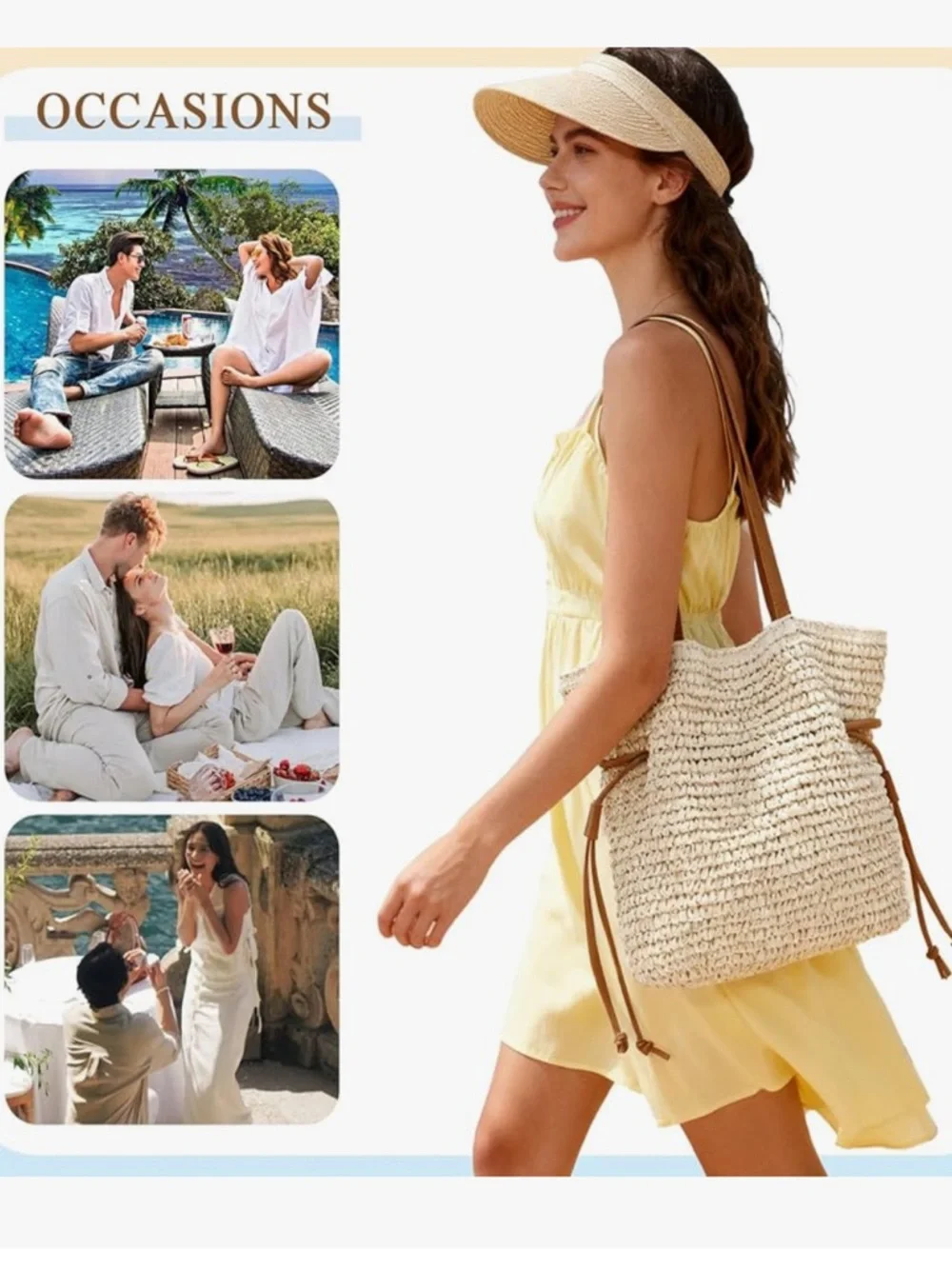 Women's Straw Bags Woven Summer Handbag Beach Tote Purses Drawstring